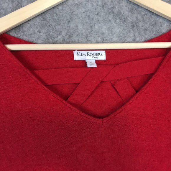Kim Rogers Top 2X V Neck Strappy Front Fine Gauge Knit Sweater Long Sleeve Red - Picture 5 of 11